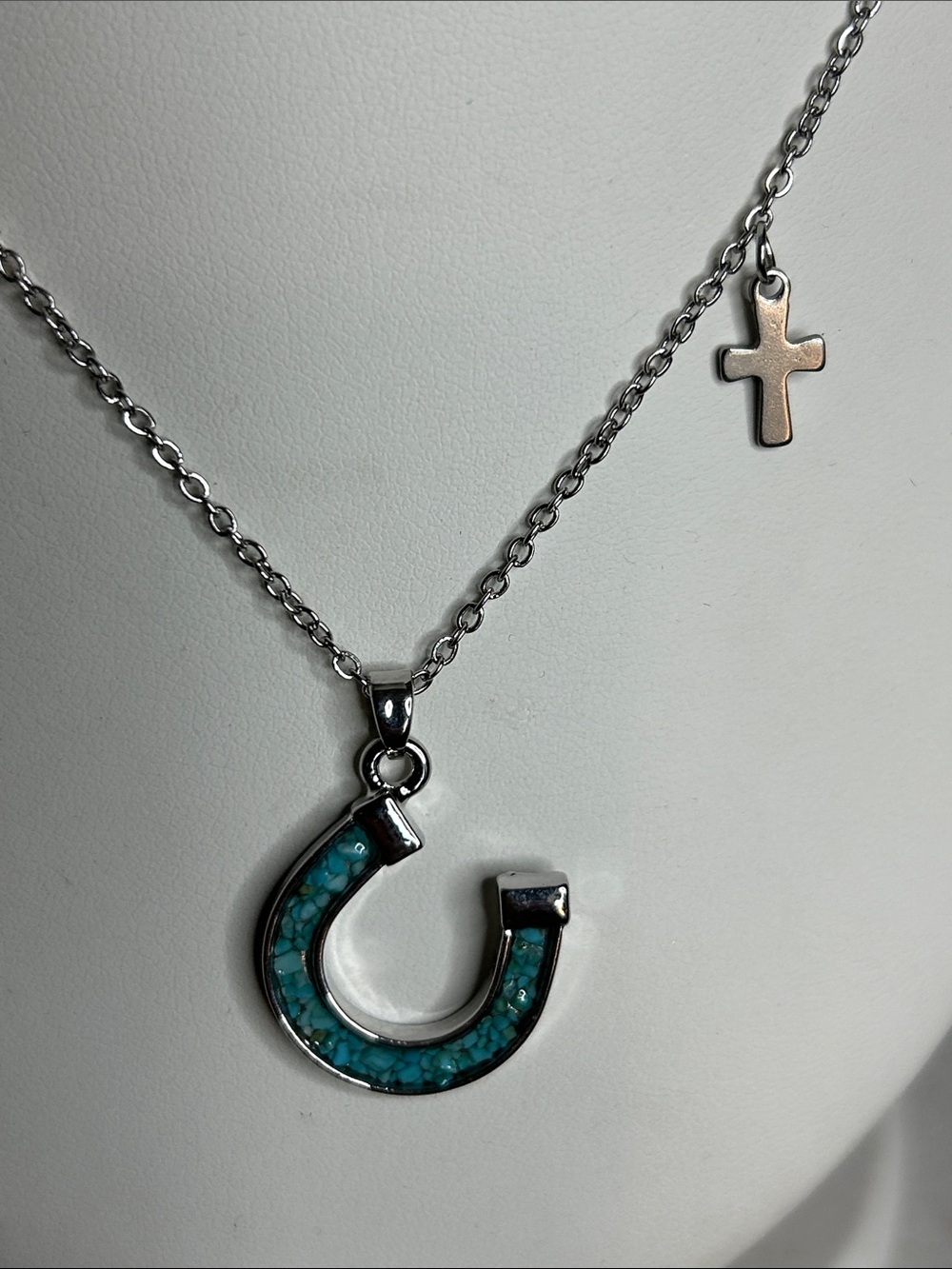 Western Turquoise Inlay Horseshoe Pendant & Cross Necklace - Picture 4 of 4